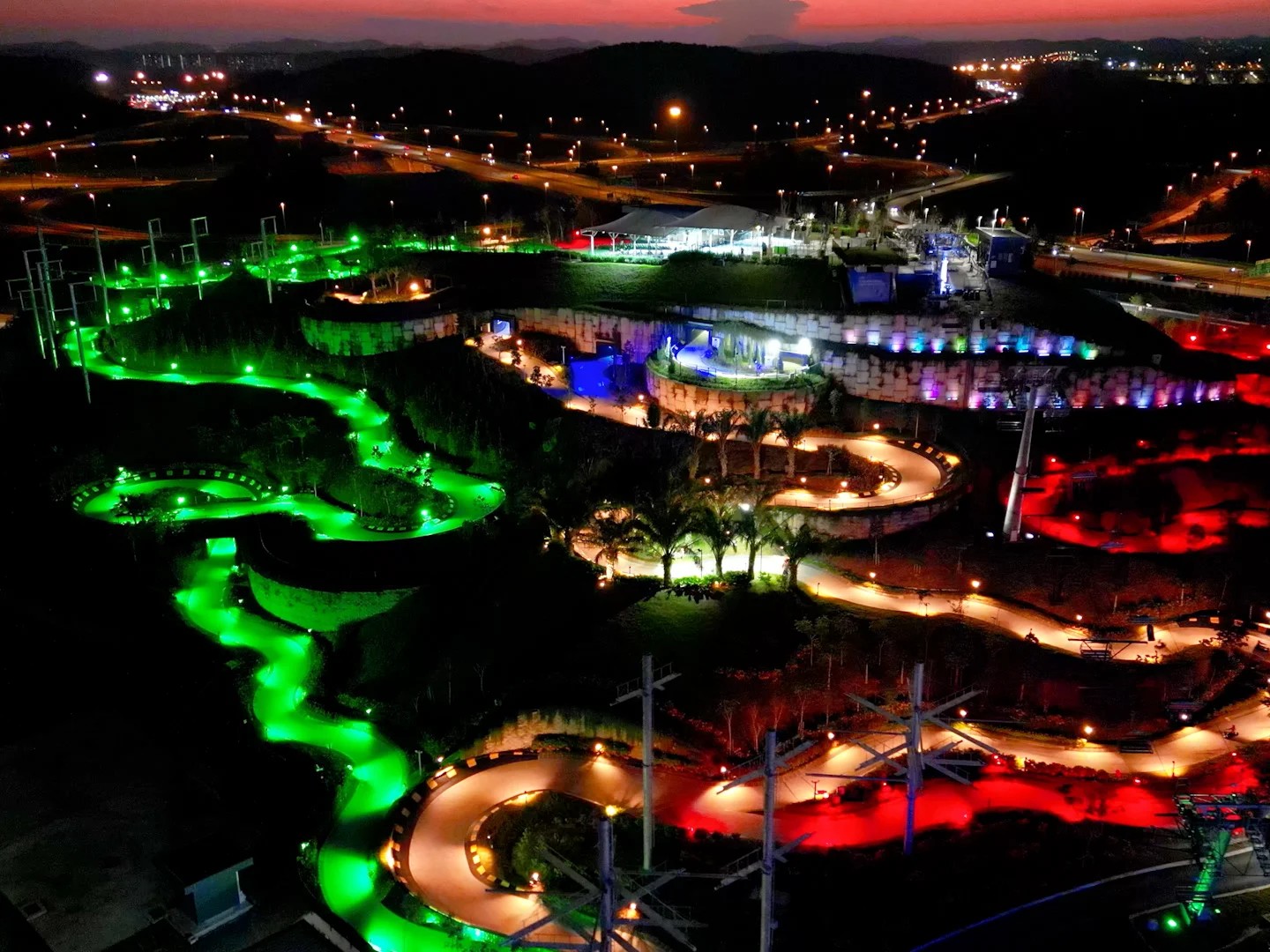 Skyline Luge Kuala Lumpur Aerial Shot of the Luge Tracks lit up at night